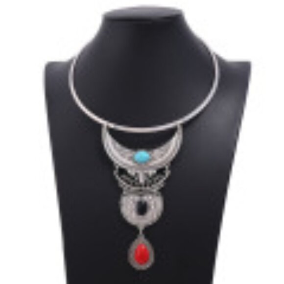 #046 Multi-layer Vintage Faux Turquoise With Diamonds Bohemian Necklace - Picture 1 of 5